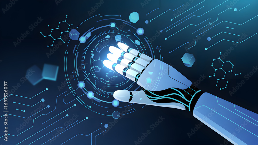 Poster the future's touch: a futuristic digital artwork showcases a robotic arm interacting with a digital 