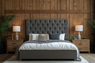 Bedside drawer nightstand and lamp near bed with grey fabric headboard against wood paneling wall. Farmhouse interior design of modern bedroom, Generative AI