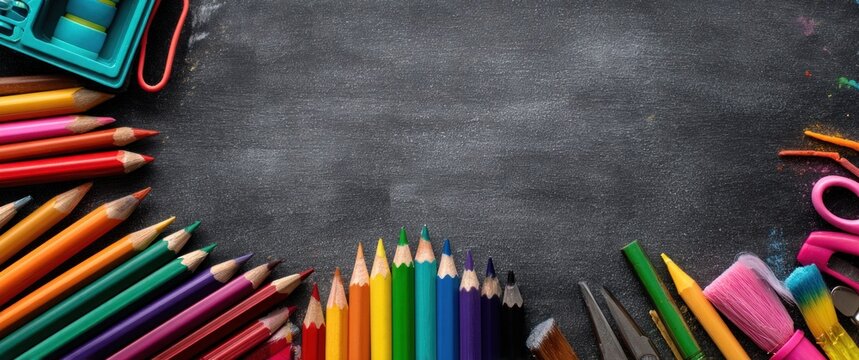 A chalkboard backdrop is bordered by colorful pencils and art supplies like scissors and paint brushes. Textural, educational, and artsy