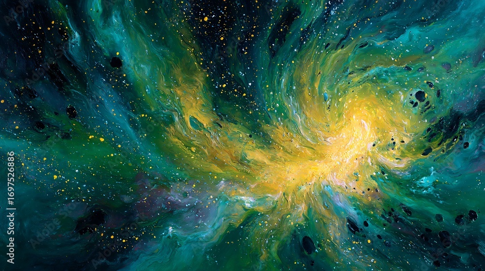 Poster luminous green and yellow pigments swirl in an abstract spiral pattern against a dark backdrop.