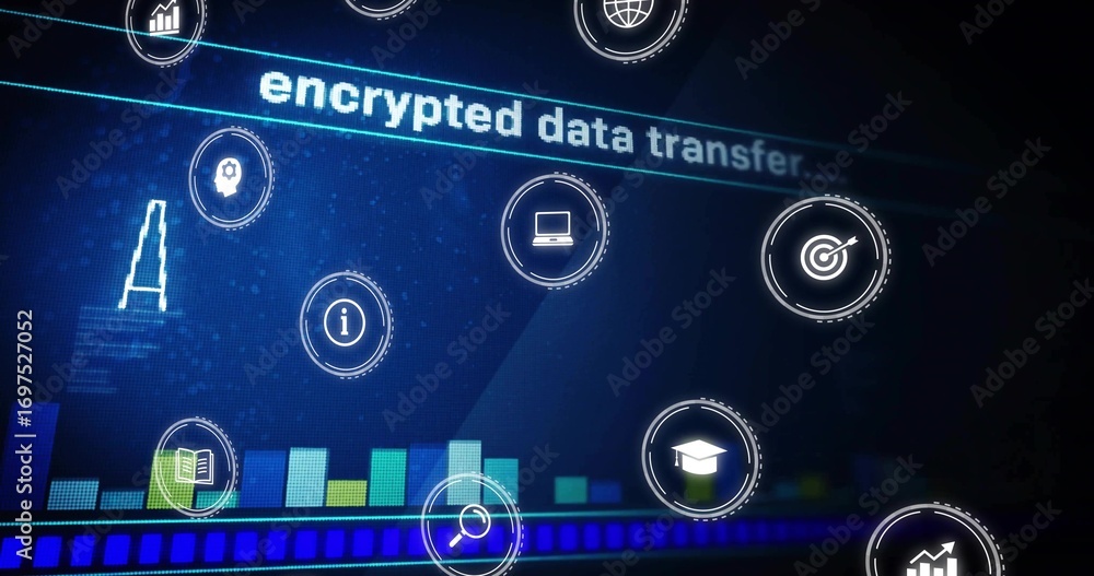 Aufkleber displaying encrypted data transfer on interface, with circular icons, bar chart and progress bar