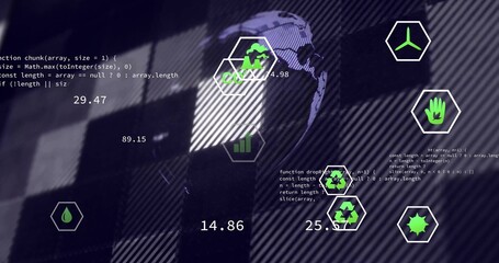 Displaying data visualization on virtual interface, with globe hexagonal icons and code snippets