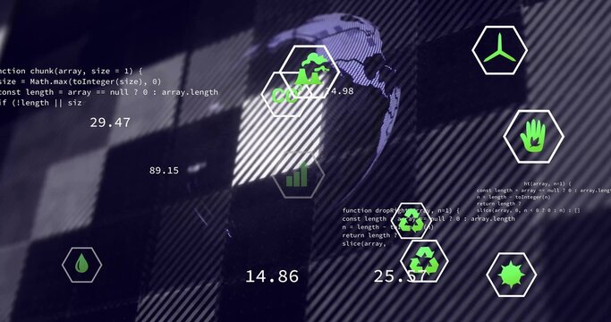 Displaying data visualization on virtual interface, with globe hexagonal icons and code snippets