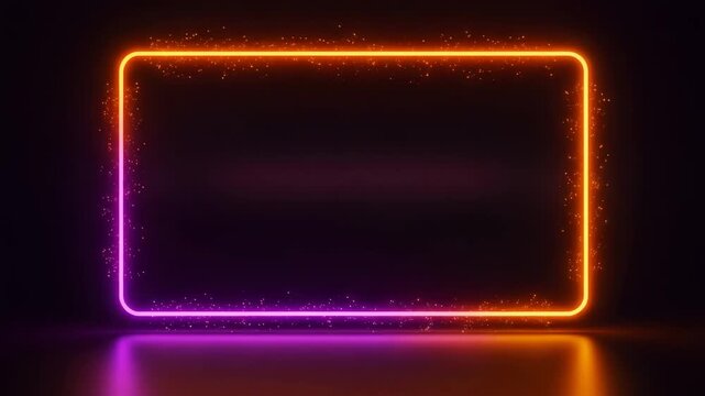 A glowing neon rectangle with rounded corners, featuring an orange to pink gradient and sparkling edges on a dark, reflective surface.