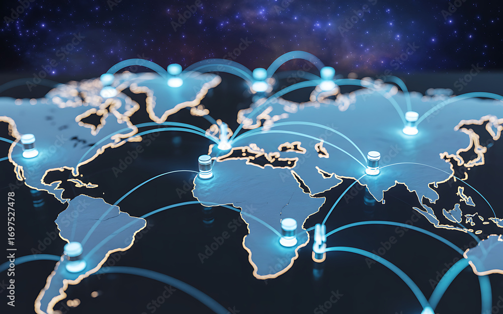 Poster global network connections visualized on world map with bright lights and lines