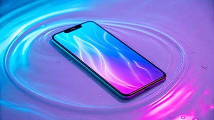 Glowing smartphone in colorful liquid technology water