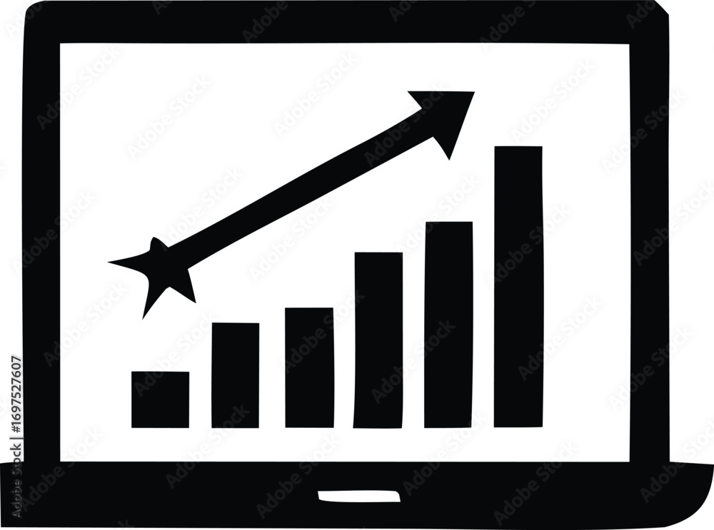 Poster laptop displaying positive financial growth chart with upward trending arrow and bar graph represent