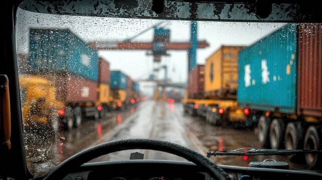 View from Truck Cabin in Port During Rainy Weather with Containers