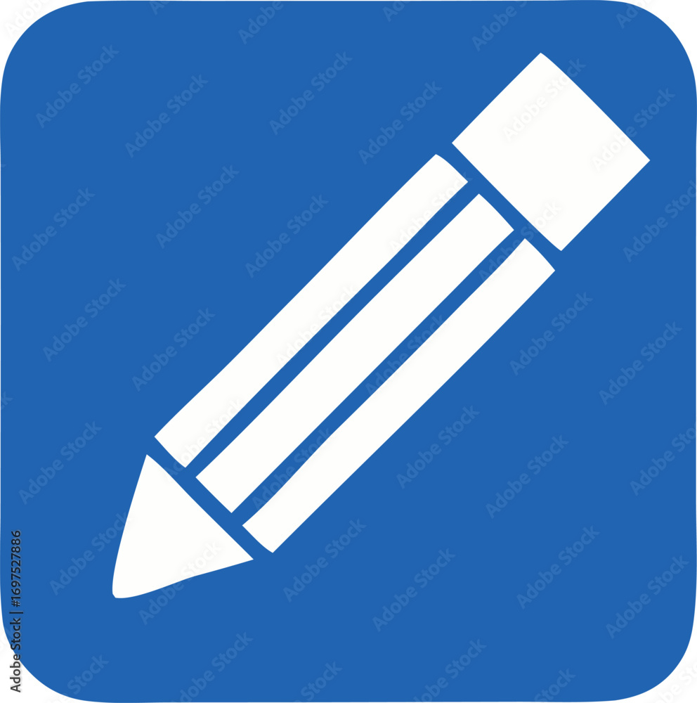 Poster white pencil icon on vibrant blue square background represents writing editing creativity and design