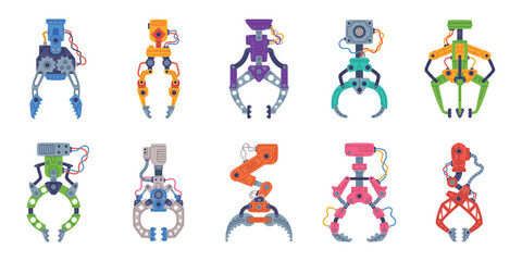 Fototapeta premium Mechanical Grips and Grabbing Machine Robotic Tool Vector Set