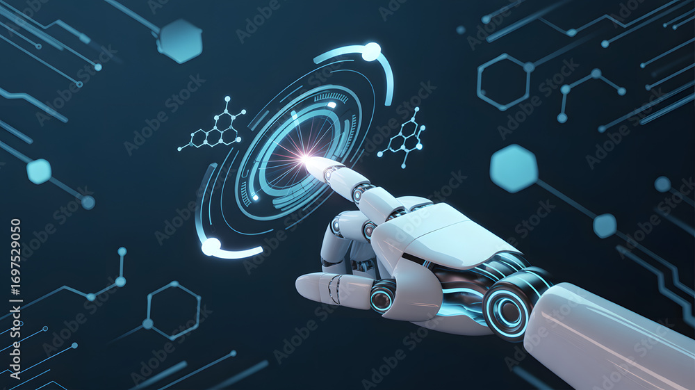 Poster robotic hand engaging digital interface: a photorealistic representation of a robotic hand gracefull