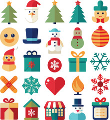 Festive collection of christmas icons and symbols featuring trees snowmen gifts and ornaments for holiday designs