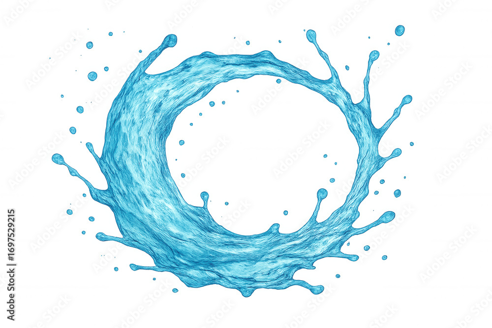 Poster refreshing blue water forming a dynamic circular splash, ideal for highlighting designs or text on a