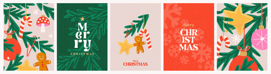 Merry Christmas and Happy New Year greeting card Set. Modern beautiful Xmas design with typography, Christmas tree, fir branches, balls and toys, snowflake pattern. Art banner, poster, cover templates