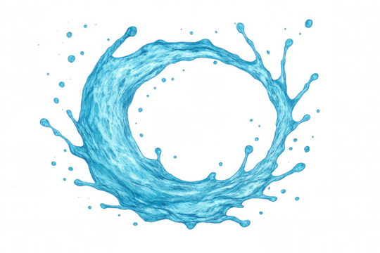 Refreshing blue water forming a dynamic circular splash, ideal for highlighting designs or text on a transparent background