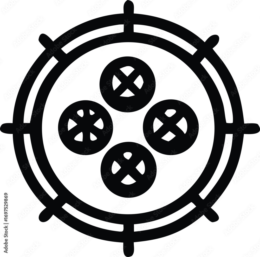 Poster abstract geometric emblem featuring concentric circles and four inner cross-shaped designs symbolizi
