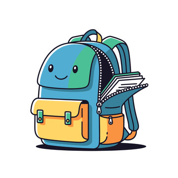 A cute cartoon backpack character with a smiling face, its zipper open to reveal books and notebooks inside.