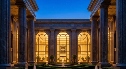 Elegant architectural design with impressive columns and windows.