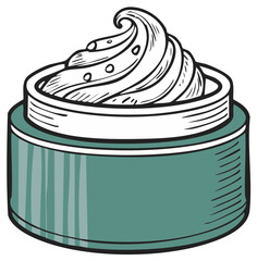 Illustration of a vintage green jar of whipped cream for a cosmetic product.