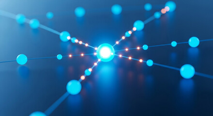 Dynamic glowing network connections illuminate abstract digital data flow in futuristic blue environment
