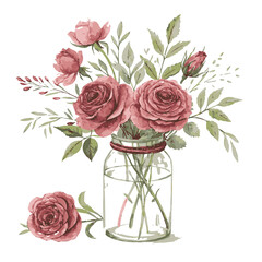 Fototapeta premium A beautiful watercolor painting of a lush bouquet of pink roses in a glass jar, with one rose lying beside it, isolated on white background