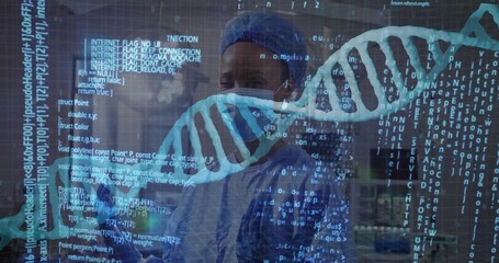 Analyzing scientist wearing blue cap mask scrubs in high-tech lab, with DNA helix and code overlays