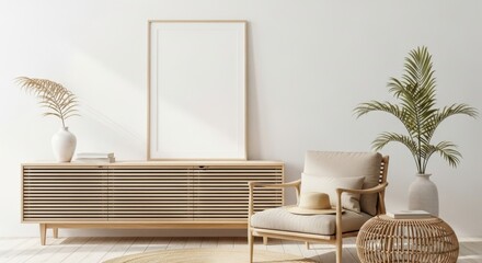 Minimalist Interior with Wooden Accents, Neutral Tones, and Blank Frame Mockup
