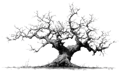 Mature olive tree, intricate branches and leaves, grayscale image