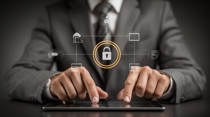 A man in a suit operates a tablet displaying a central golden padlock connected to data symbols, highlighting digital security concepts