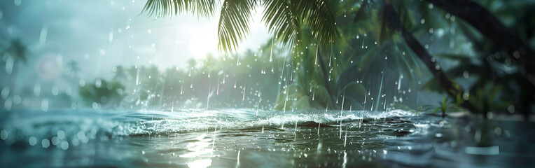 Fototapeta premium Tropical beach paradise with tall palm trees and sparkling waves.