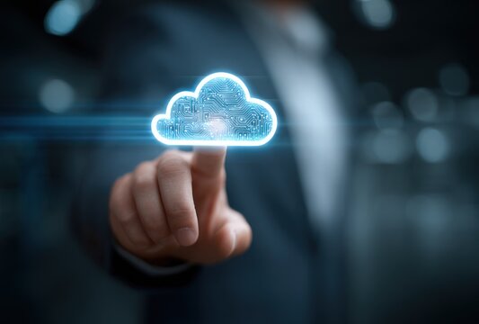 Finger touches a glowing cloud icon with circuit details, symbolizing digital connection against blurred backdrop