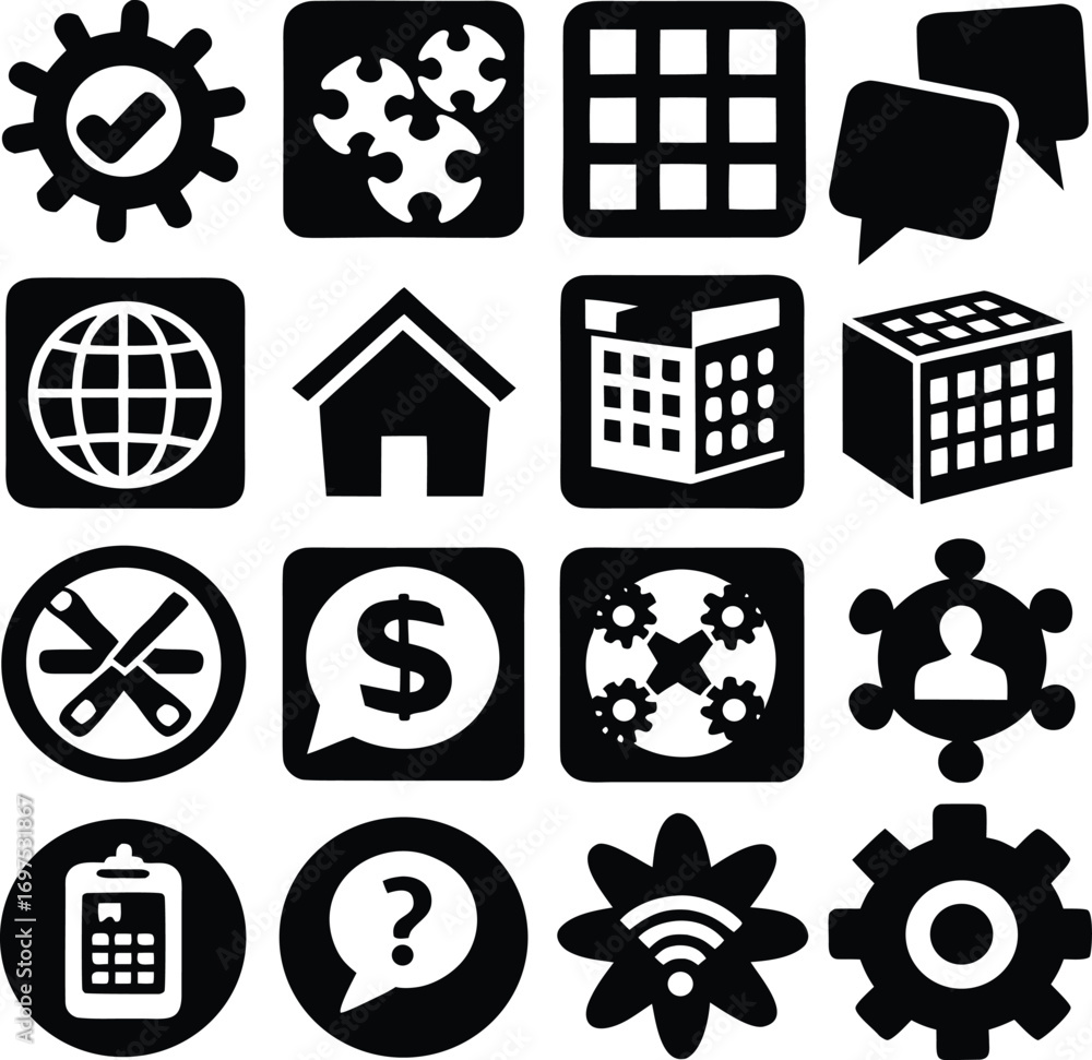 Poster collection of diverse business and technology icons featuring checkmark gear globe house calendar do