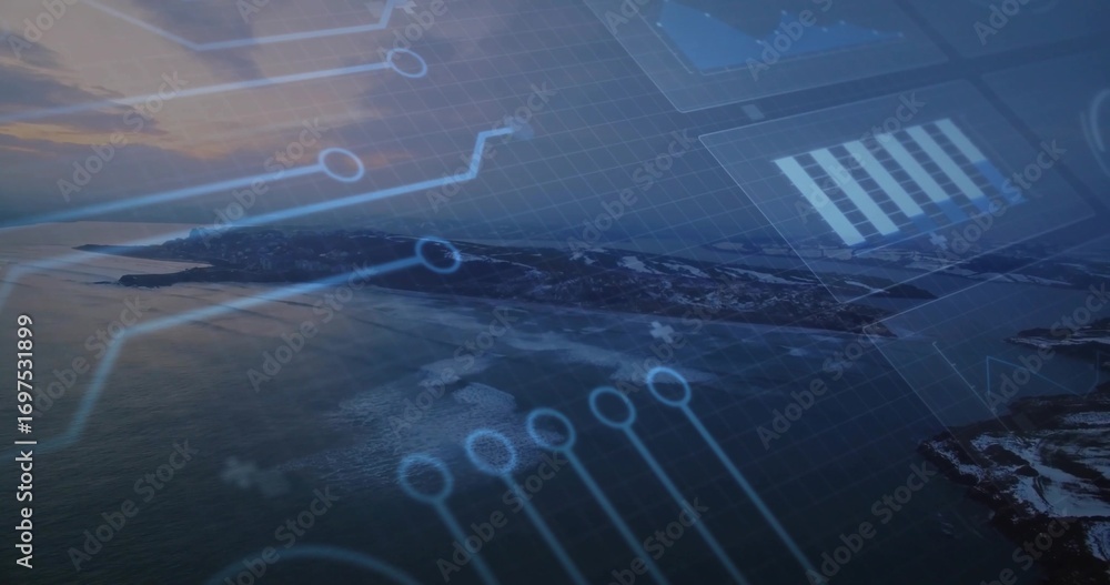 Poster displaying rocky island jutting into ocean in aerial sunset, with circuit graphics and data chart