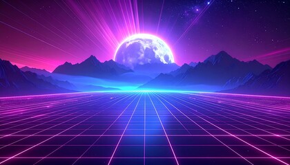 Futuristic landscape with grid floor and moon