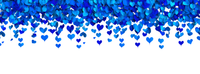 Romantic love background with long horizontal bordermade of beautiful falling lue paper hearts isolated n transparent background. appy Valentine's Day or Faher's Day PNG illustration