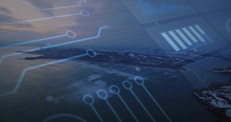 Displaying rocky island jutting into ocean in aerial sunset, with circuit graphics and data chart