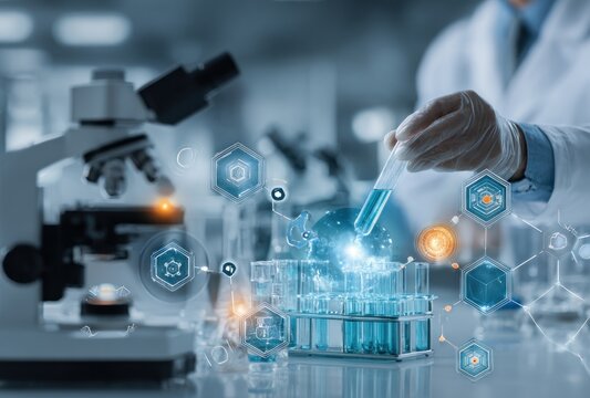 Scientist working with test tubes, microscope, and glowing, hexagonal data visualizations in a lab, focusing on science - Powered by Adobe