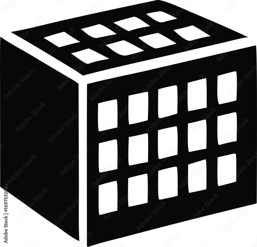 Poster stylized black and white representation of a building with multiple windows symbolizing business or 