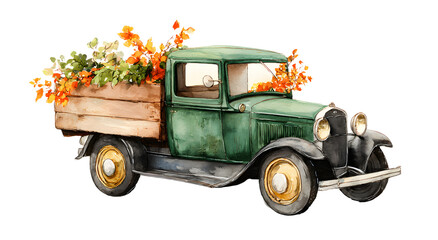 Watercolor retro truck. Hand painted vintage retro cr illustration perfect forthanksgiving card making, edding invitation and fallautumn postcards