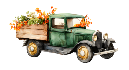 Watercolor retro truck. Hand painted vintage retro cr illustration perfect forthanksgiving card making, edding invitation and fallautumn postcards