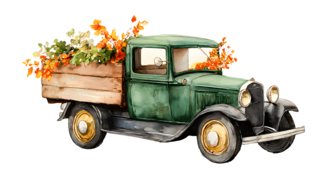 Watercolor retro truck. Hand painted vintage retro cr illustration perfect forthanksgiving card making, edding invitation and fallautumn postcards