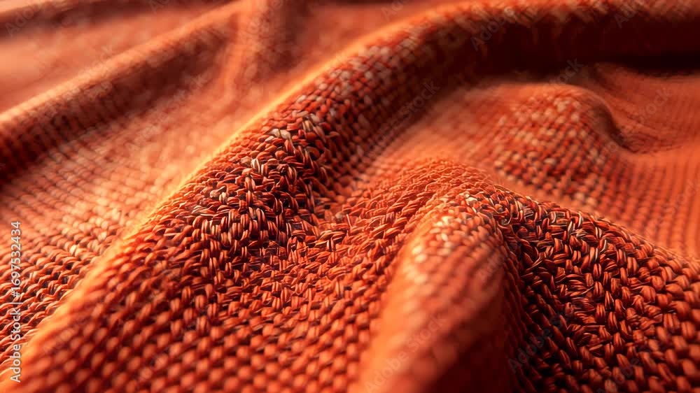 Poster close-up view of textured orange knit fabric highlighting intricate patterns and soft waves in detai