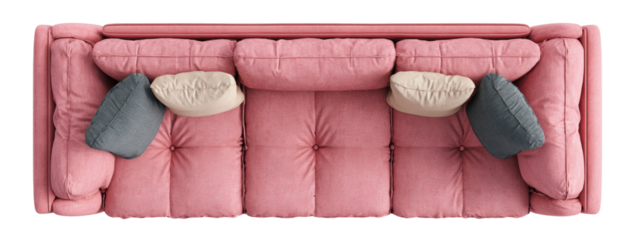 Overhead view of a pink couch with matching pillows