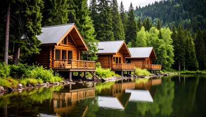 Fototapeta premium Rustic log cabins by a serene lake