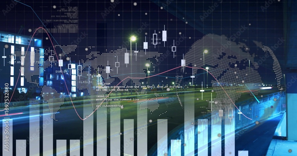 Poster overlaying financial charts, world map and code snippets onto nighttime street with light trails