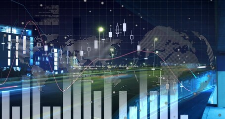 Overlaying financial charts, world map and code snippets onto nighttime street with light trails