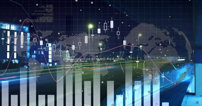 Overlaying financial charts, world map and code snippets onto nighttime street with light trails