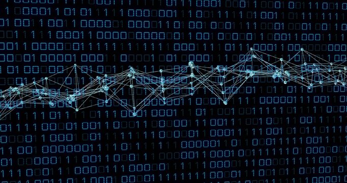 Displaying network lines linking glowing nodes across dark code backdrop, with binary digits