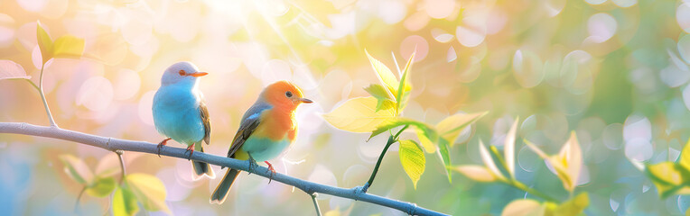 Obraz premium Pair of yellow birds resting lovingly on autumn branch.