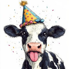 Funny cartoon cow wearing party hat and sticks out tongue isolated over white background. Colorful joyful greeting card for birthday or other festive events. Created with, Generative AI